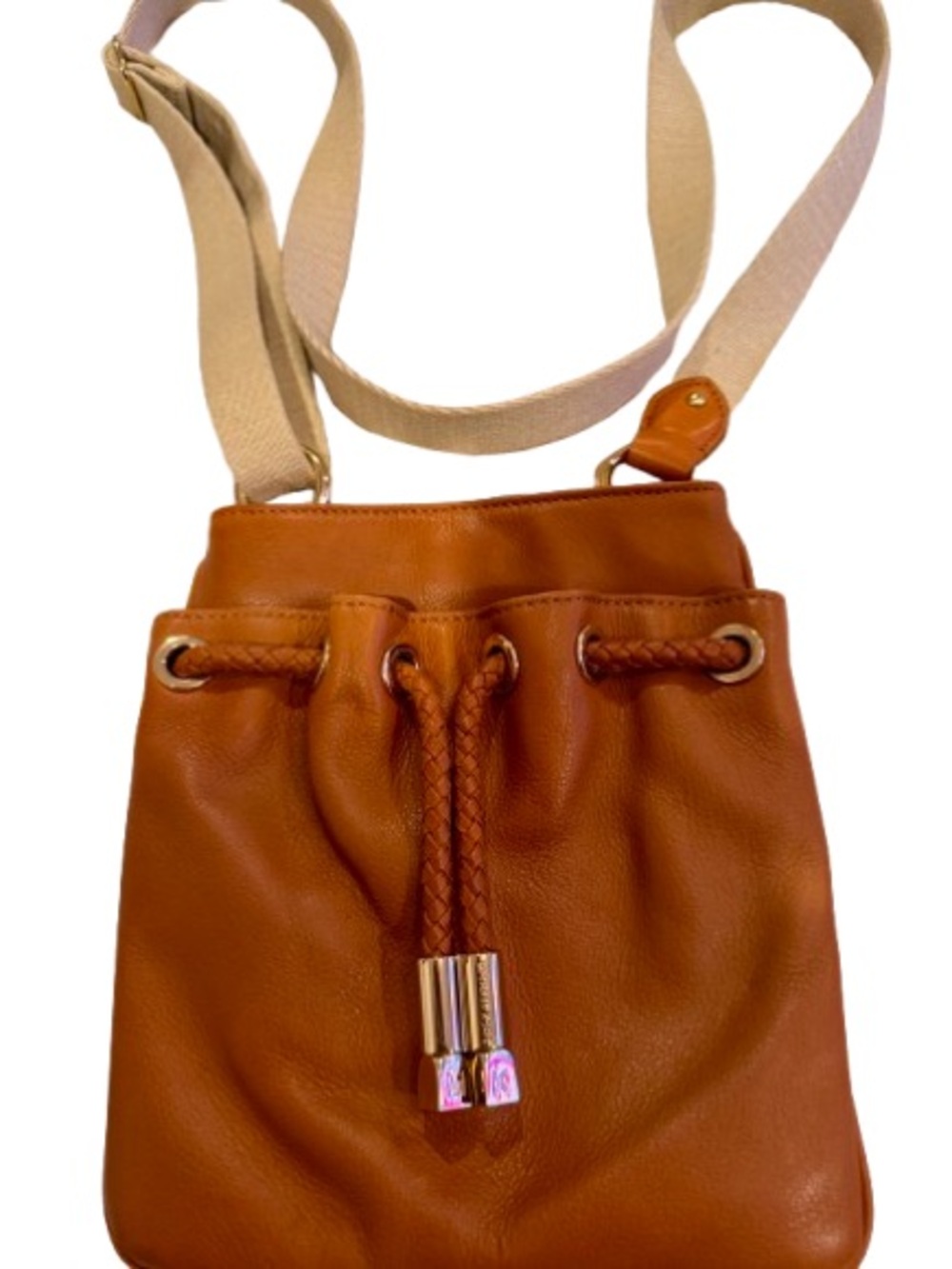 Michael Kors Tan Leather Drawstring Crossbody with Canvas Strap